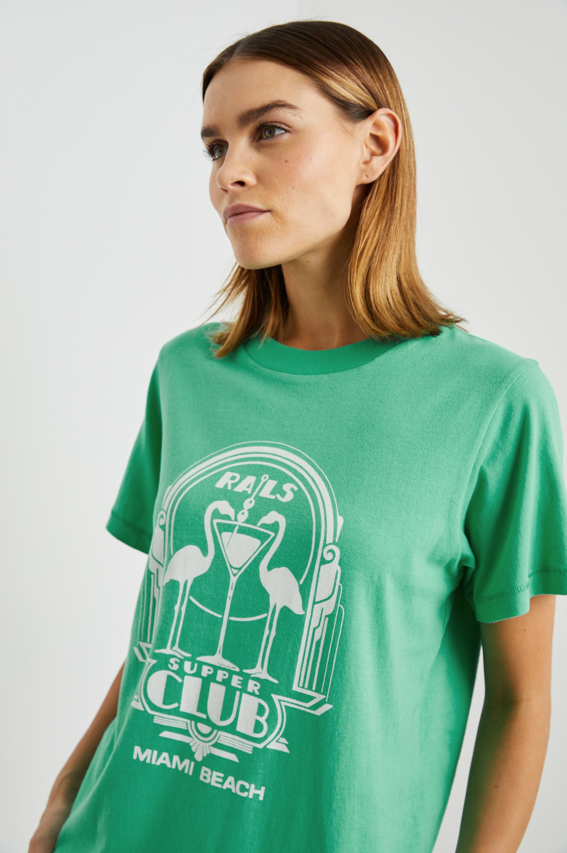 Boyfriend fit green tee with Flamingo design decal and short sleeves