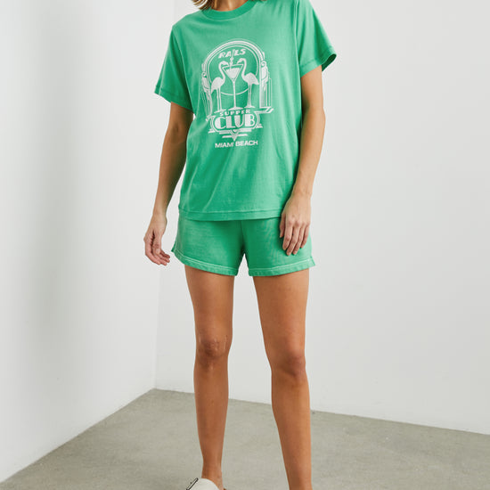 Boyfriend fit green tee with Flamingo design decal and short sleeves