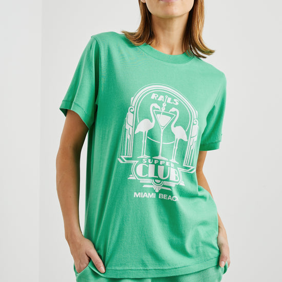 Boyfriend fit green tee with Flamingo design decal and short sleeves