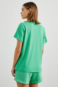 Boyfriend fit green tee with Flamingo design decal and short sleeves rear view