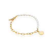 Beaded pearl and gold link chain bracelet with lobster claw and circular gold charm