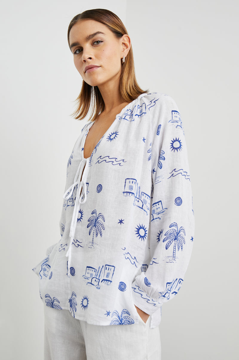 White shirt with blue sketch print