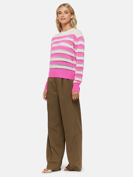 Pink and antique white striped crew neck jumper with ladder stitching between each stripe