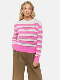Pink and antique white striped crew neck jumper with ladder stitching between each stripe