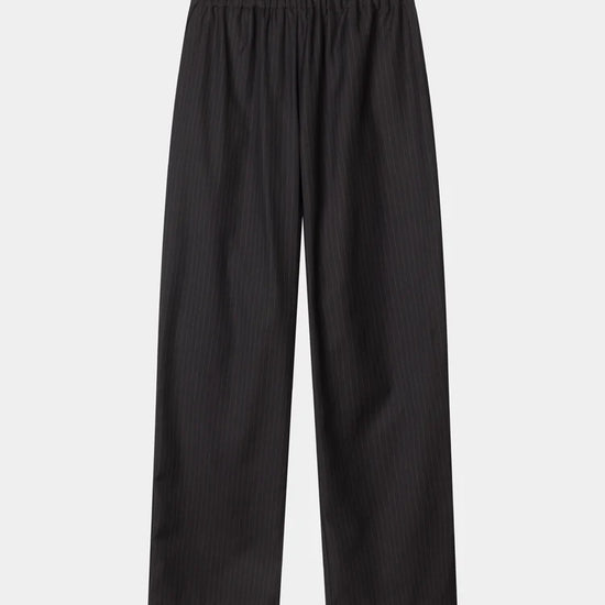 Black pinstriped wide-leg trousers with an elastic waistband, shown flat against a light gray background.