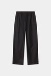 Black pinstriped wide-leg trousers with an elastic waistband, shown flat against a light gray background.