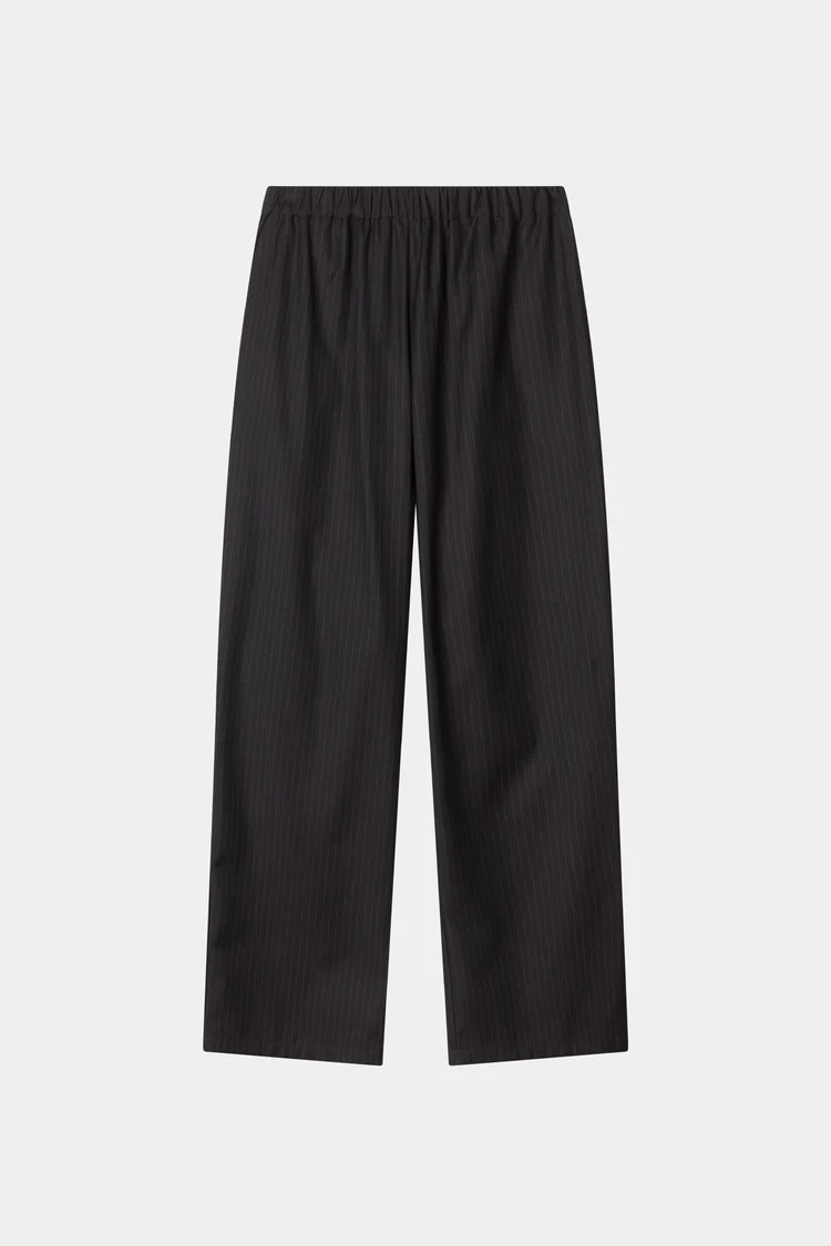 Black pinstriped wide-leg trousers with an elastic waistband, shown flat against a light gray background.