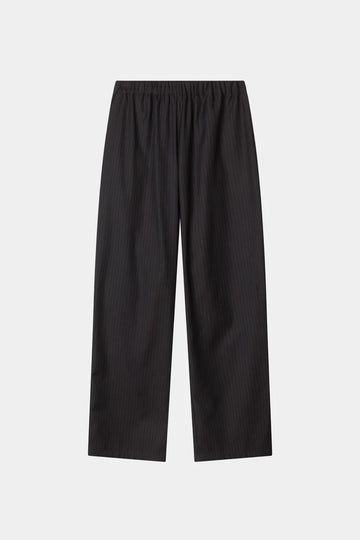 Black pinstriped wide-leg trousers with an elastic waistband, shown flat against a light gray background.