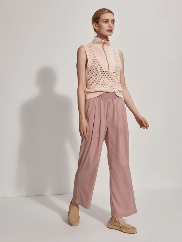 Sleeveless pointelle knit in pale pink with a half zip