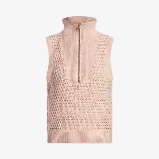 Sleeveless pointelle knit in pale pink with a half zip