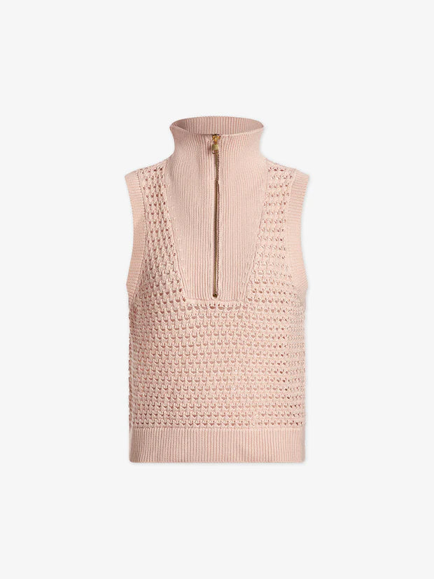 Sleeveless pointelle knit in pale pink with a half zip