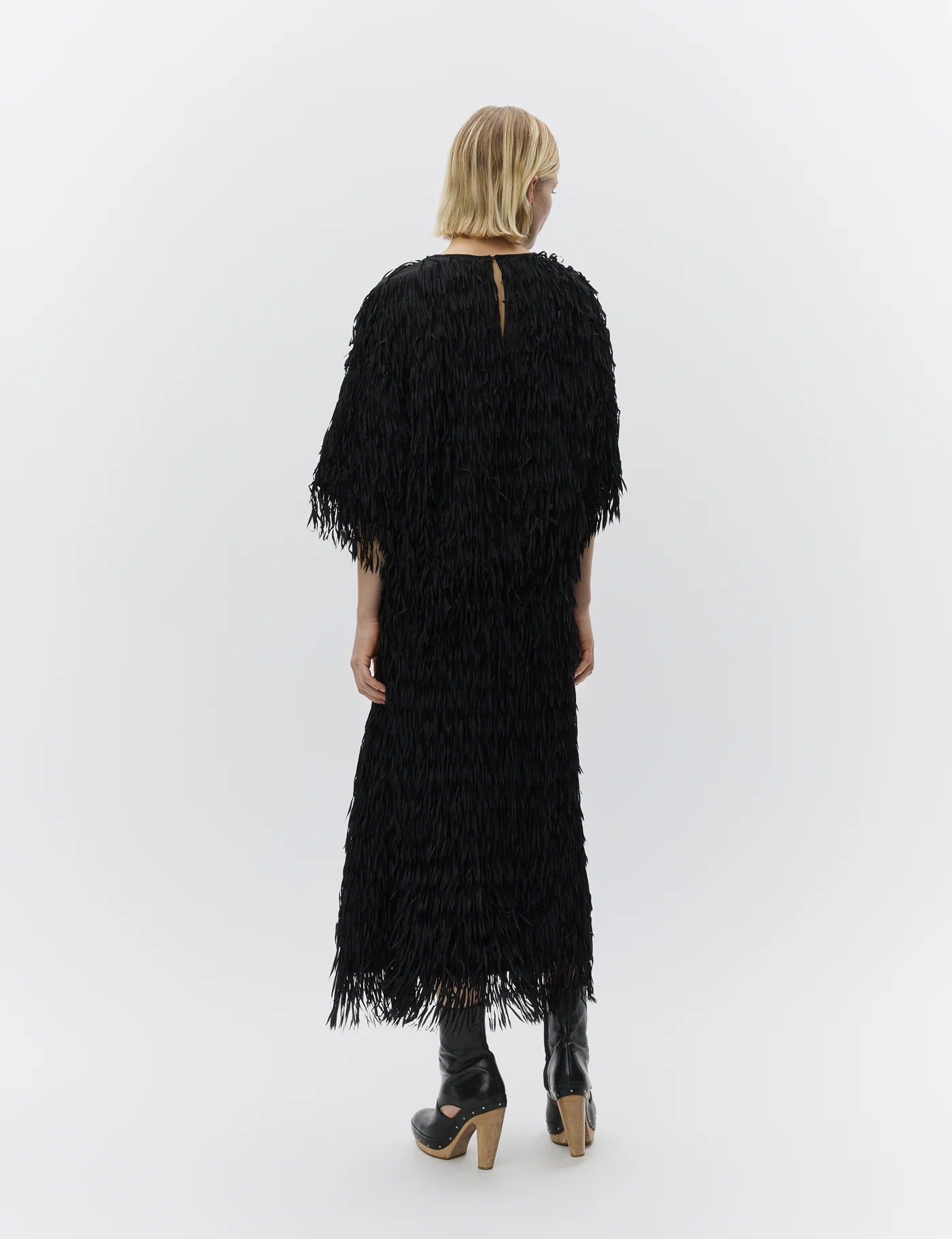 short sleeve black fringe top with round neck from day birger rear view