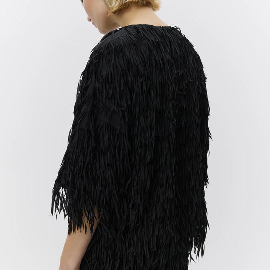 short sleeve black fringe top with round neck from day birger rear view