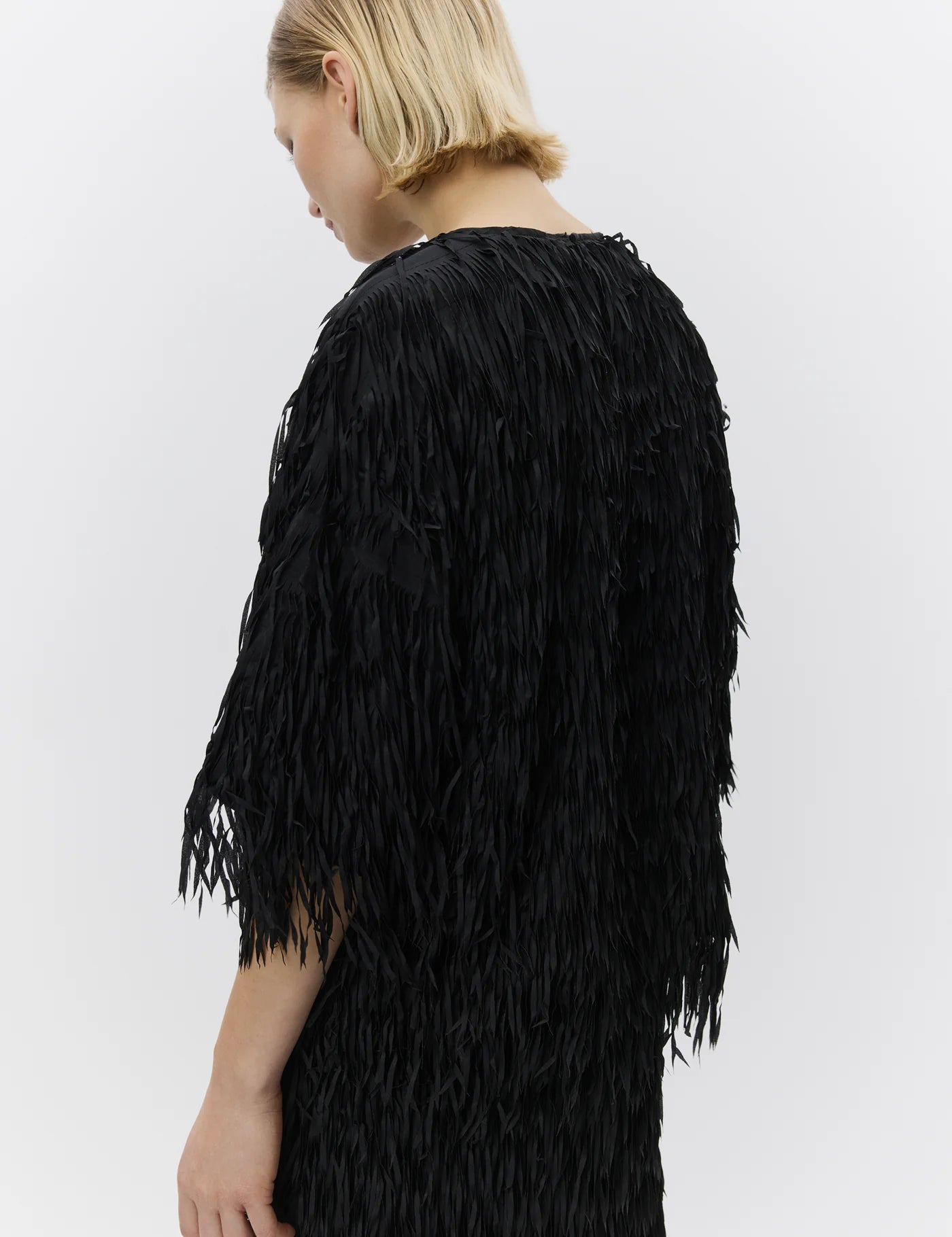short sleeve black fringe top with round neck from day birger rear view