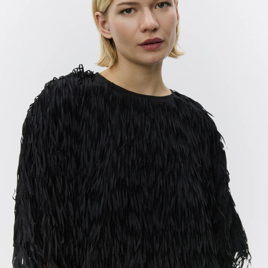 short sleeve black fringe top with round neck from day birger close up