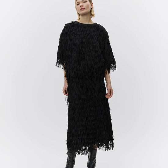 short sleeve black fringe top with round neck from day birger model shot