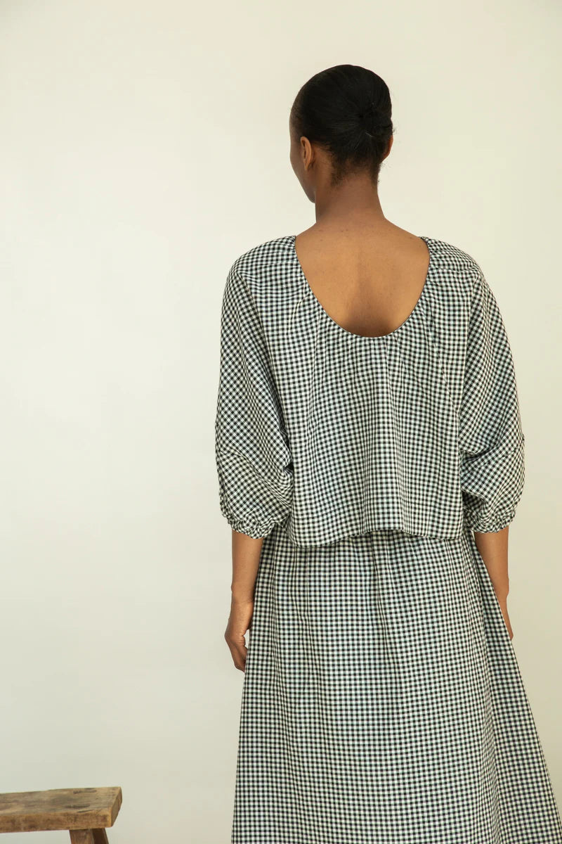 Rear view of gingham organic cotton top