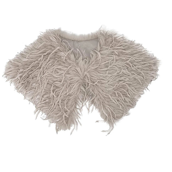 Beige shaggy faux collar style scarf on a white background