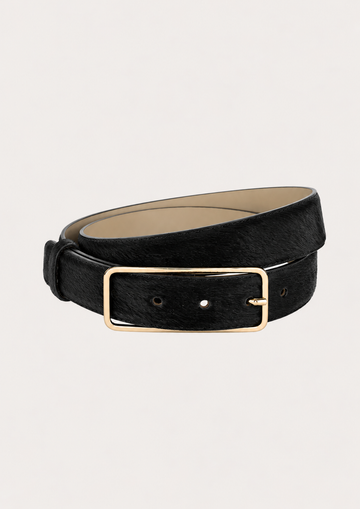 black textured belt with a gold buckle