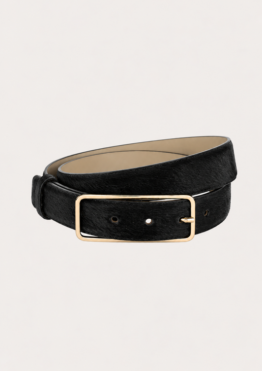 black textured belt with a gold buckle