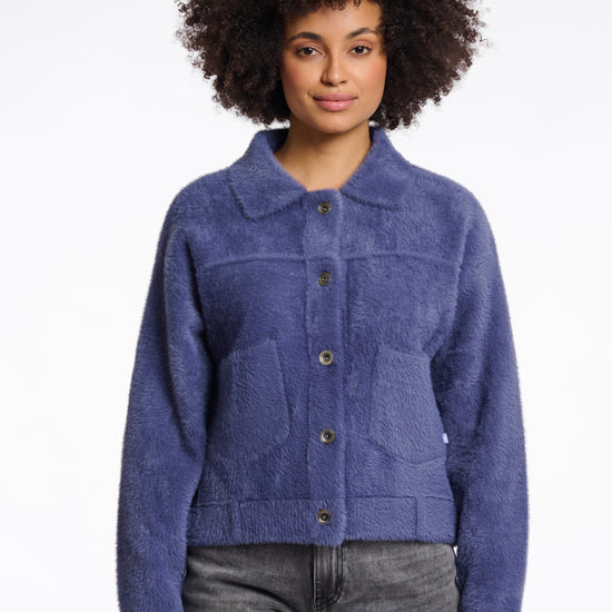 short fluffy blue jacket with collar, button down and 2 patch pockets 