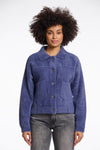 short fluffy blue jacket with collar, button down and 2 patch pockets 
