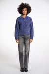 short fluffy blue jacket with collar, button down and 2 patch pockets model shot