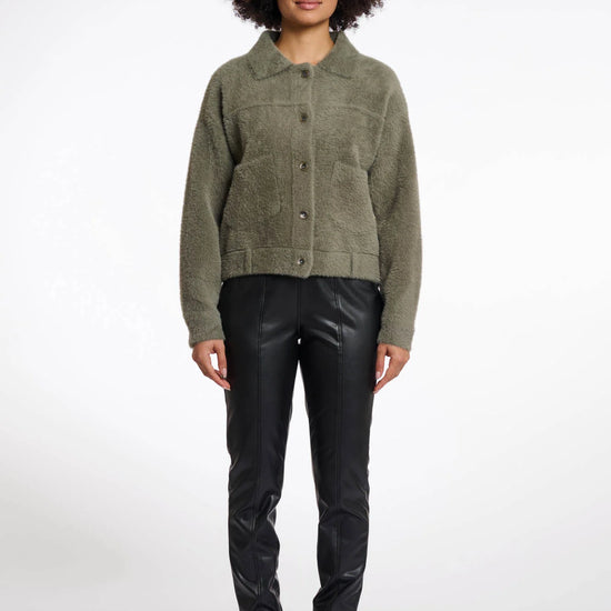 short green jacket with collar and patch pockets from rino and pelle model shot