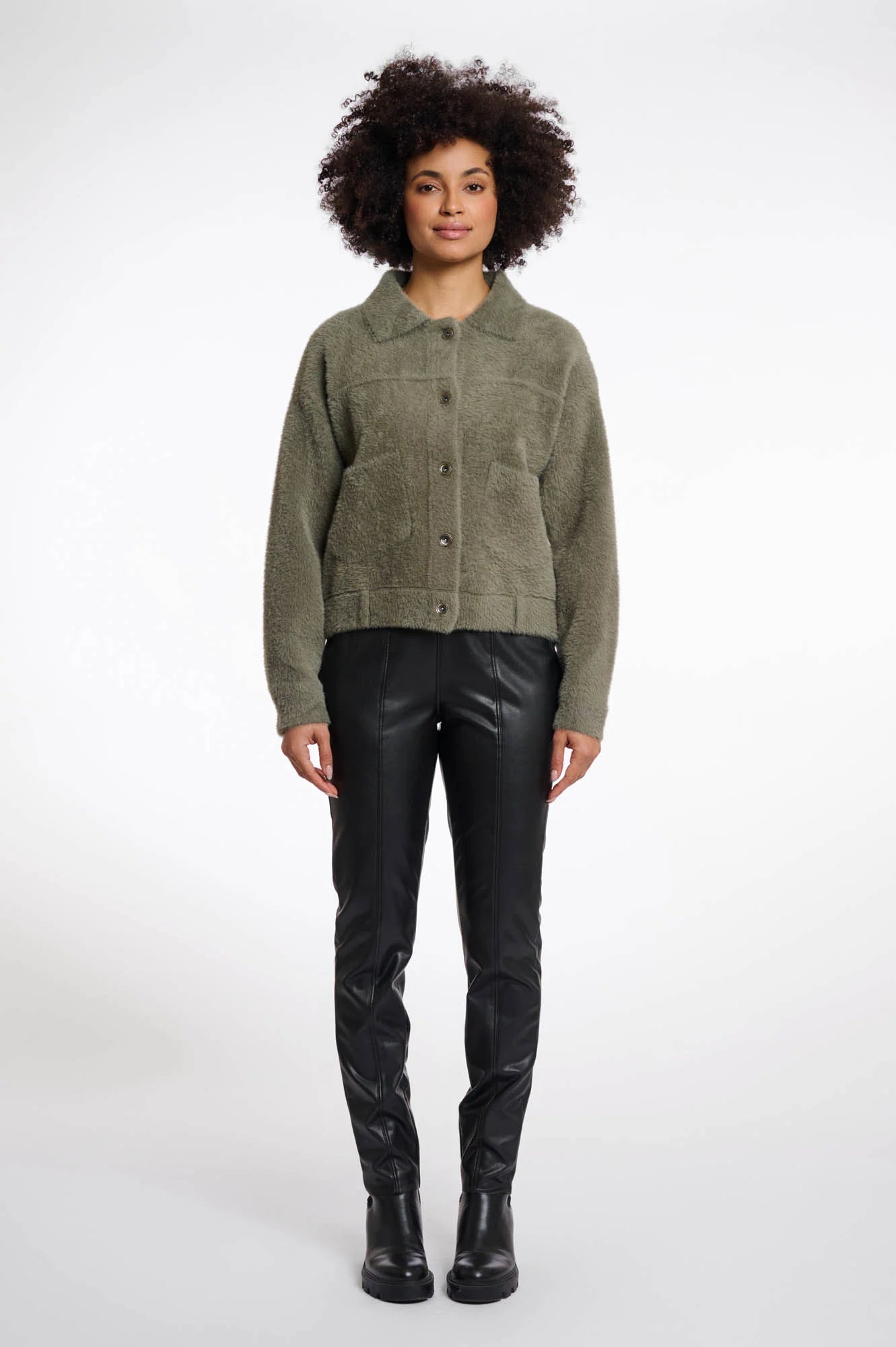 short green jacket with collar and patch pockets from rino and pelle model shot