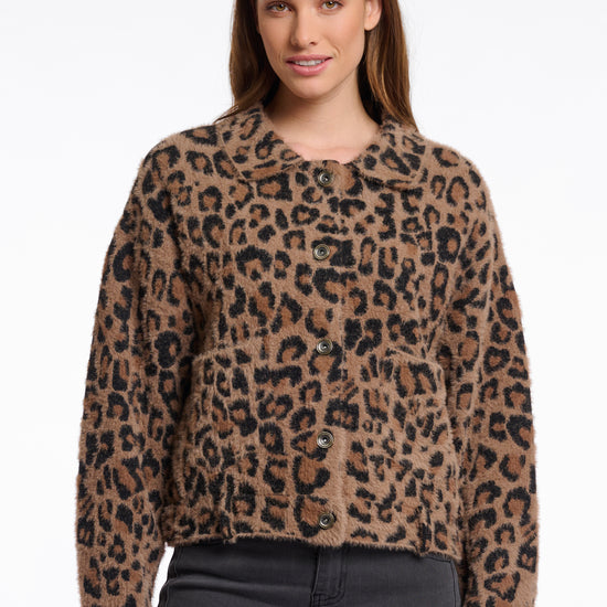 leopard print super soft short jacket with collar and patch pockets from rino and pelle