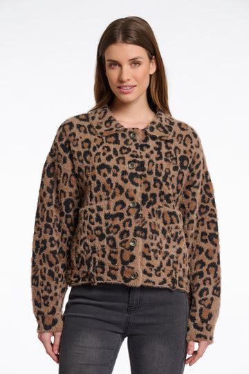 leopard print super soft short jacket with collar and patch pockets from rino and pelle