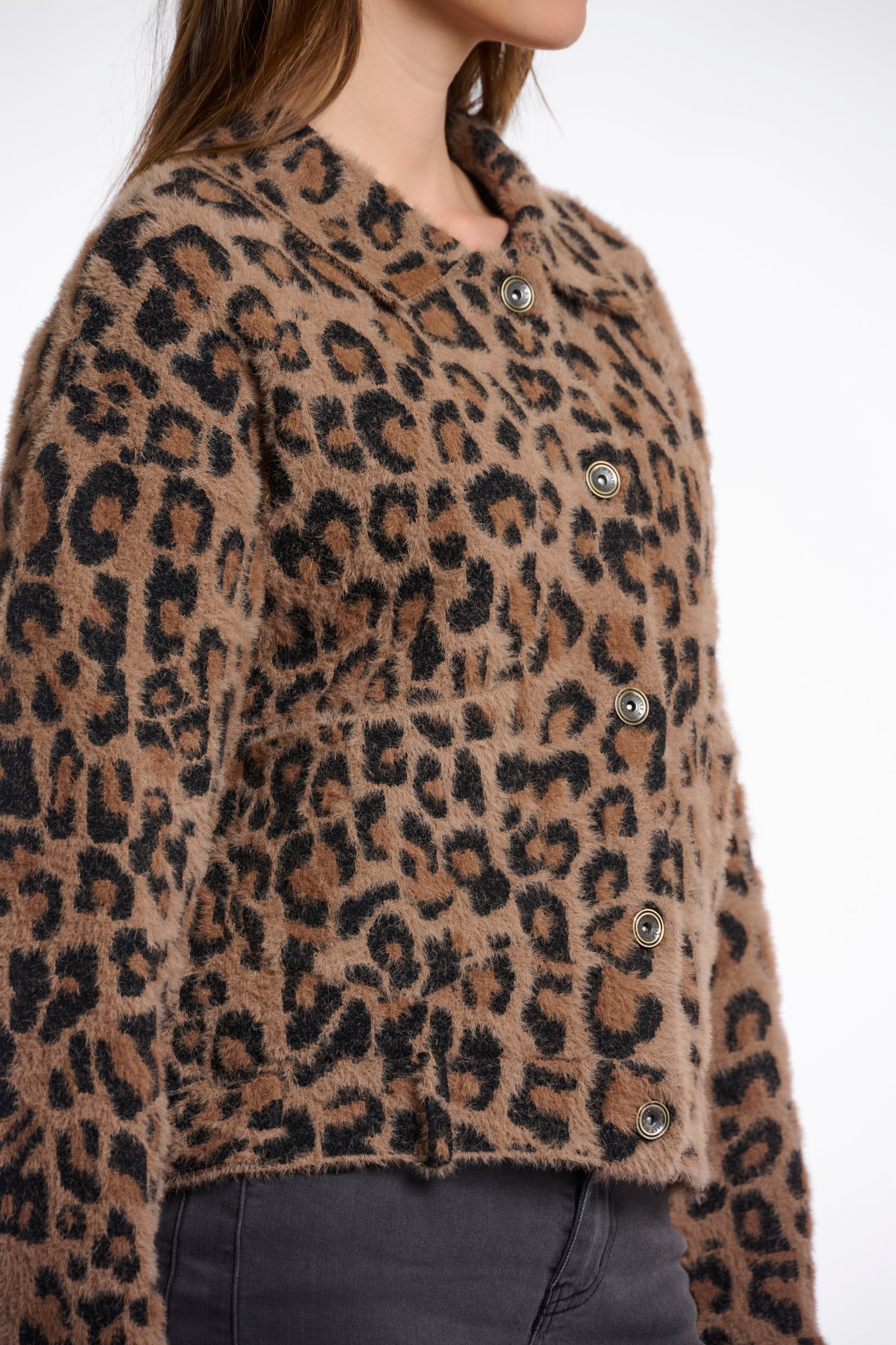 leopard print super soft short jacket with collar and patch pockets from rino and pelle side view