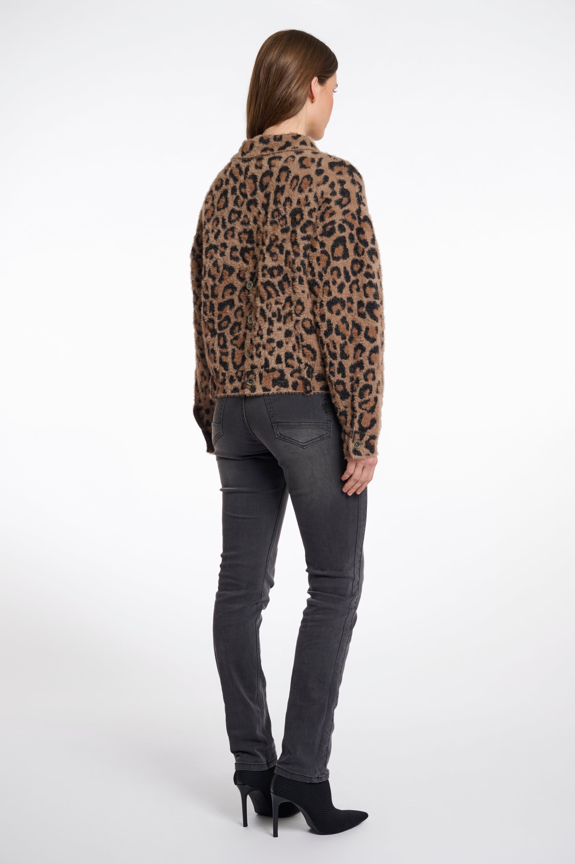 leopard print super soft short jacket with collar and patch pockets from rino and pelle rear view