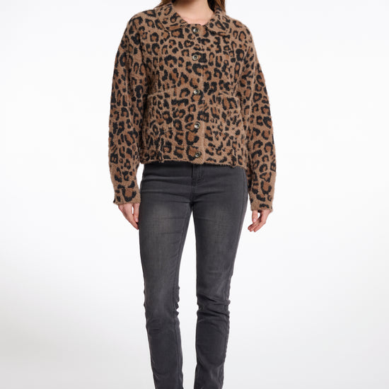 leopard print super soft short jacket with collar and patch pockets from rino and pelle model shot