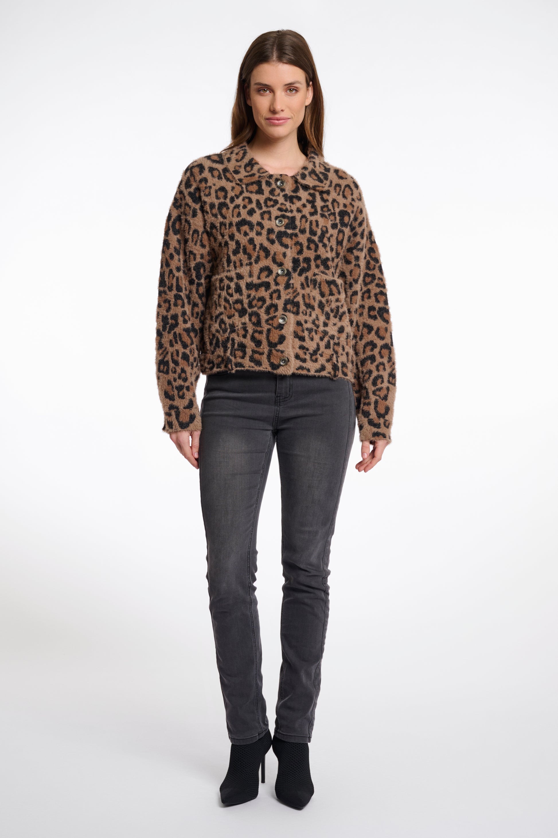 leopard print super soft short jacket with collar and patch pockets from rino and pelle model shot