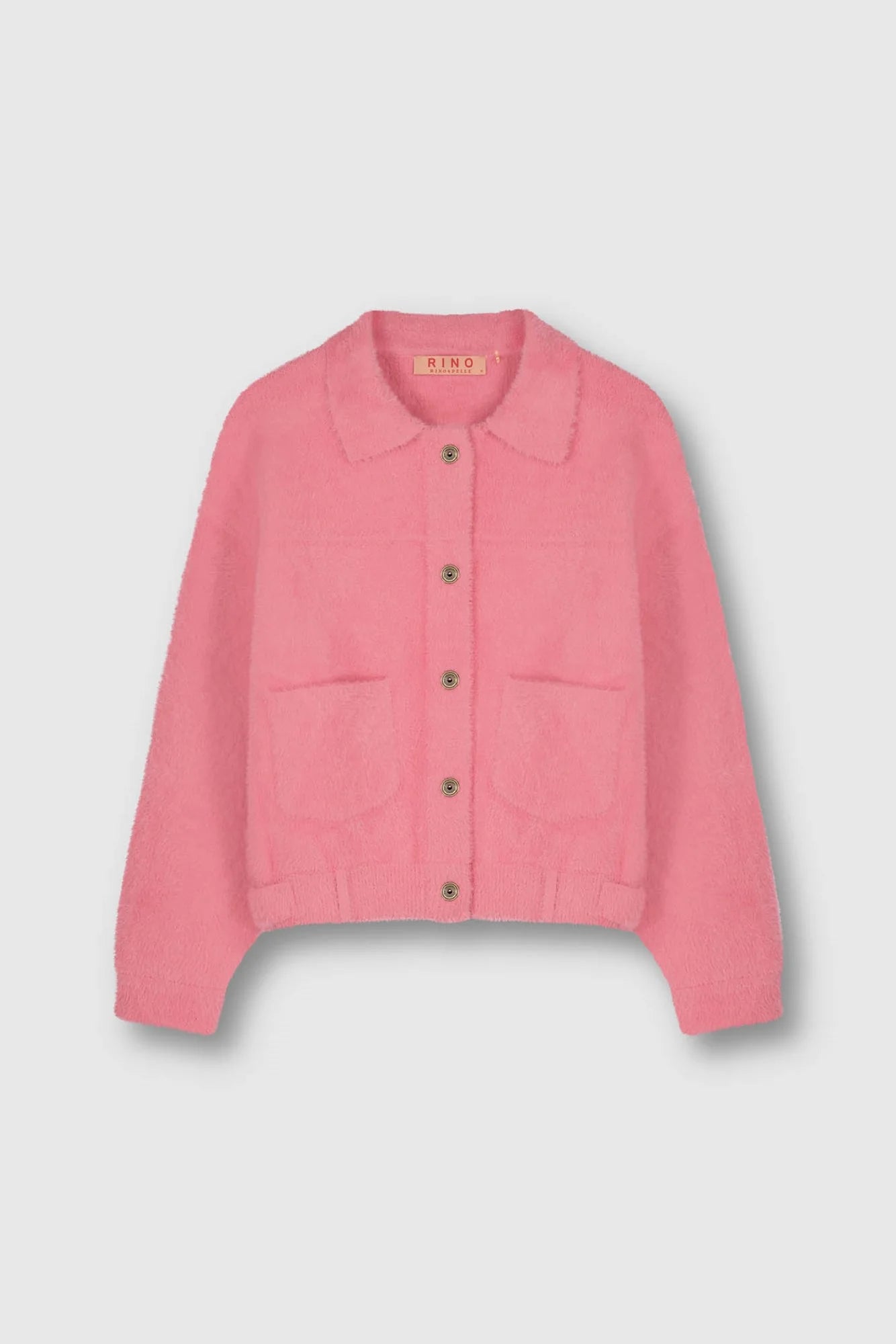 Boxy pink fluffy faux fur jacket with classic collar patch pockets and metallic button fastening