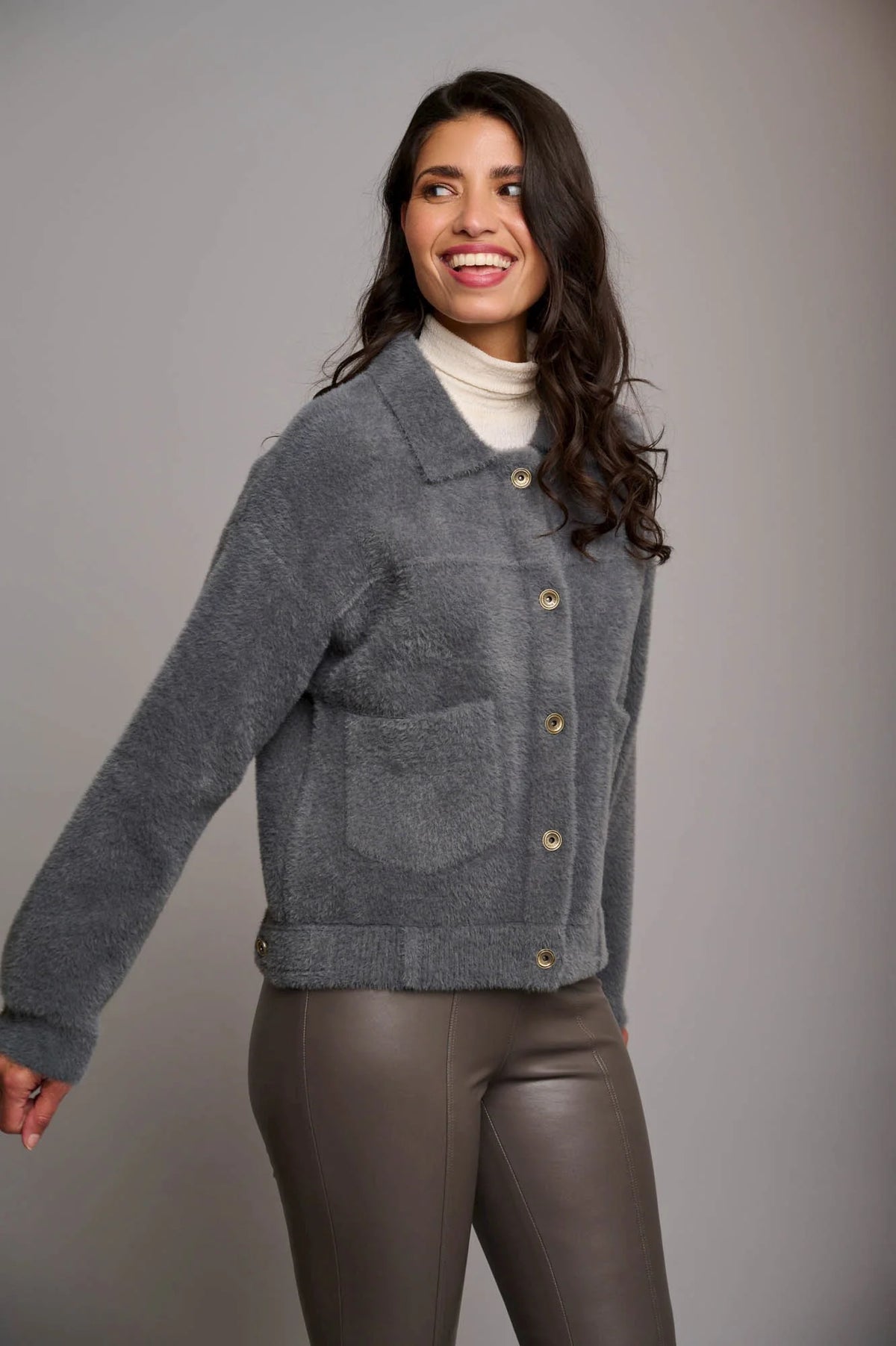 Grey faux fur cardigan with gold metallic buttons and two front patch pockets