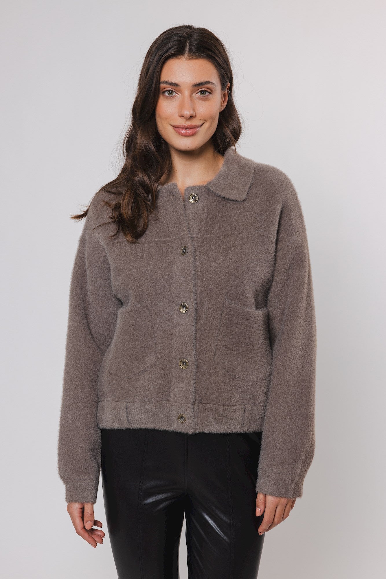 short taupe cardigan with classic collar and 2 front patch pockets 