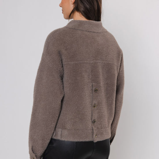 short taupe cardigan with classic collar and 2 front patch pockets  rear view 