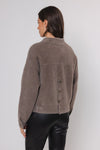 short taupe cardigan with classic collar and 2 front patch pockets  rear view 