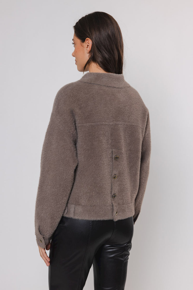 short taupe cardigan with classic collar and 2 front patch pockets  rear view 