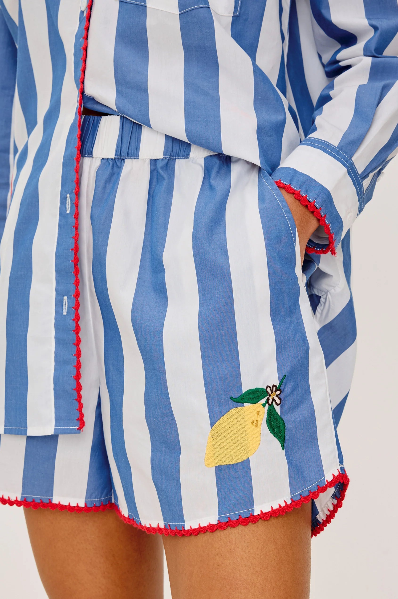 Blue and white striped outfit with a lemon design on a plain background