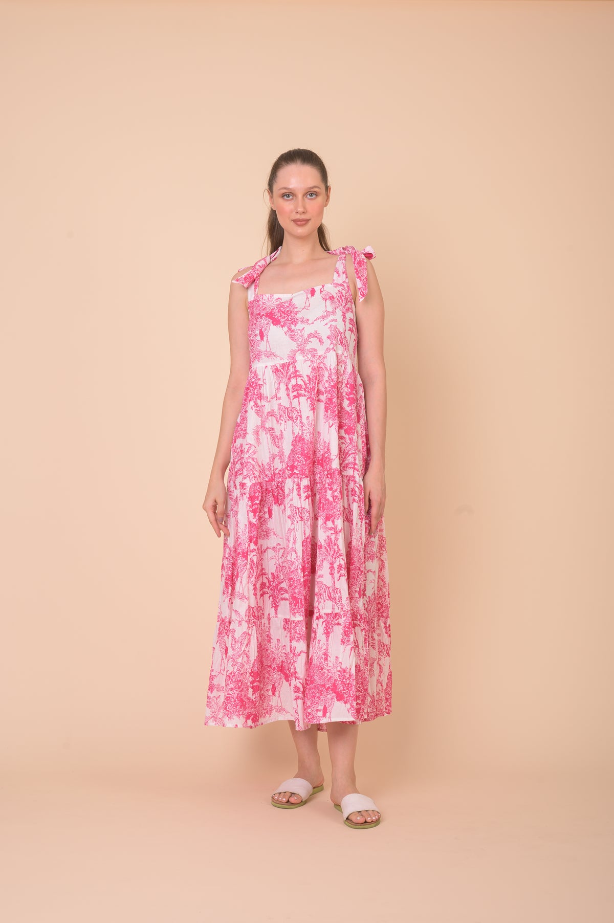 White and pink cotton maxi dress with tie shoulders with stalk and tree print