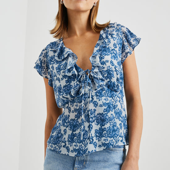 Blue floral top with cap sleeves 