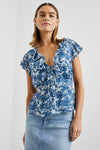 Blue floral top with cap sleeves 