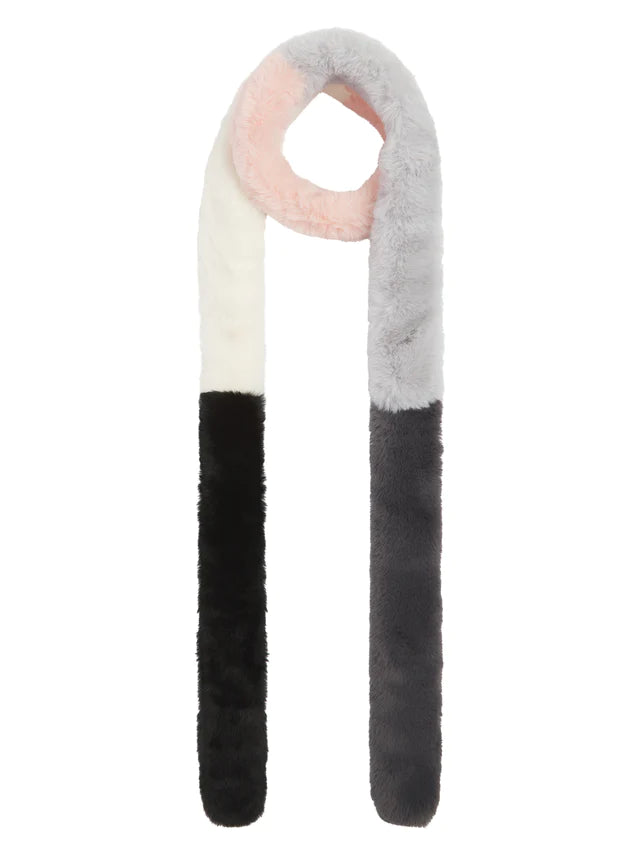 Long narrow faux fur scarf in black, greys, baby pink and cream