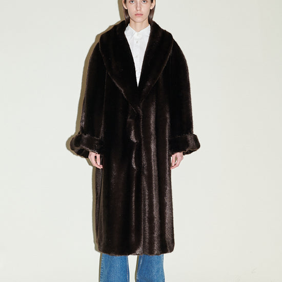 chocolate brown long faux fur coat with turned up cuffs and a deep v neck