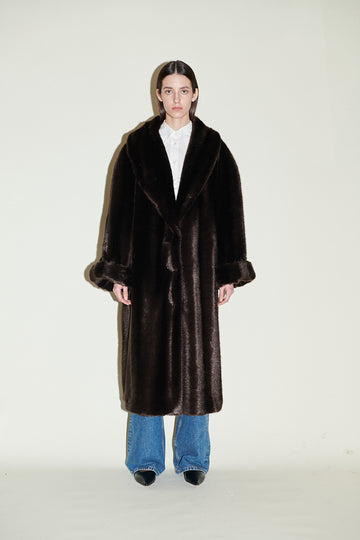 chocolate brown long faux fur coat with turned up cuffs and a deep v neck