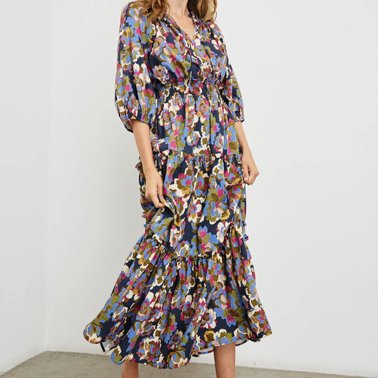 Mid length floral print dress with tiered skirt