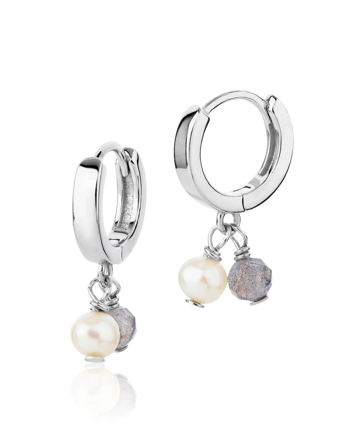 SIlver huggy earrings with pearl and grey stone charm